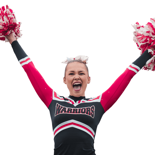 A cheerleader with pompoms in the air